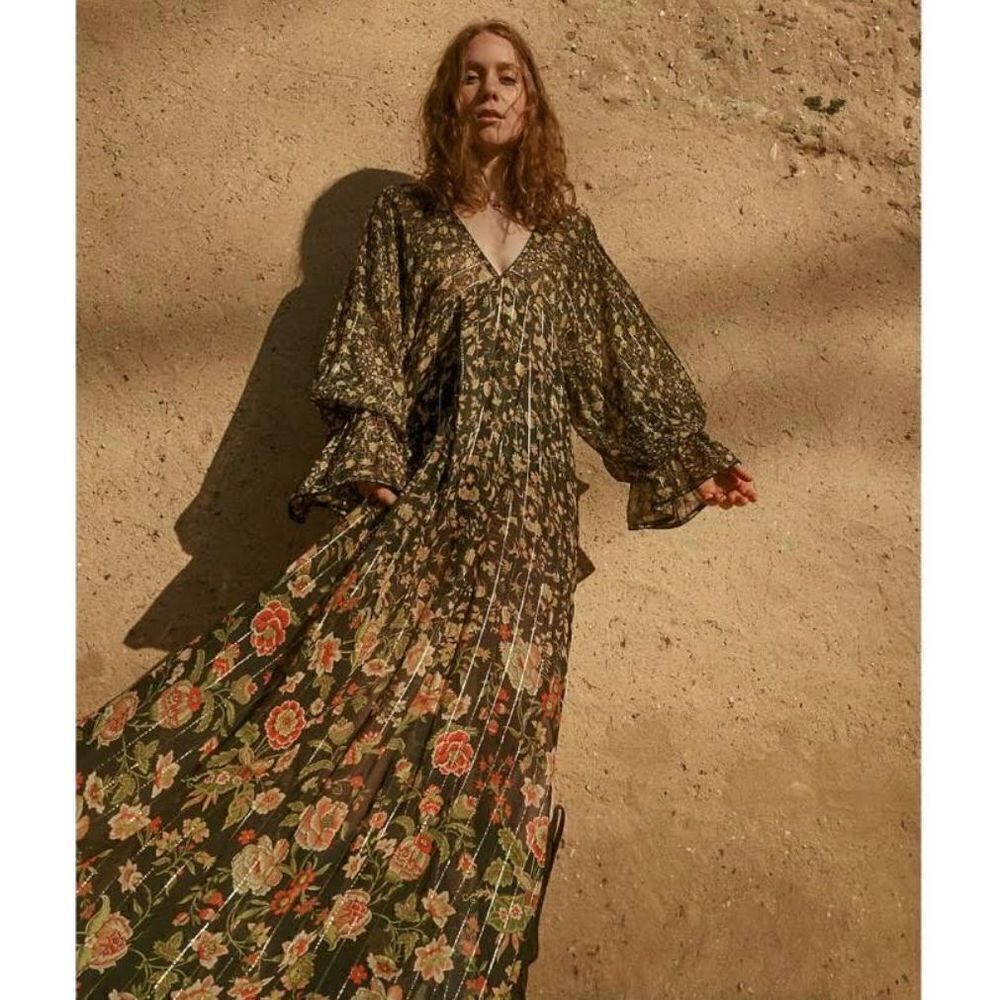 Free People Rococo Sand Hana print Maxi Dress Metallic Floral Long Sleeve Black